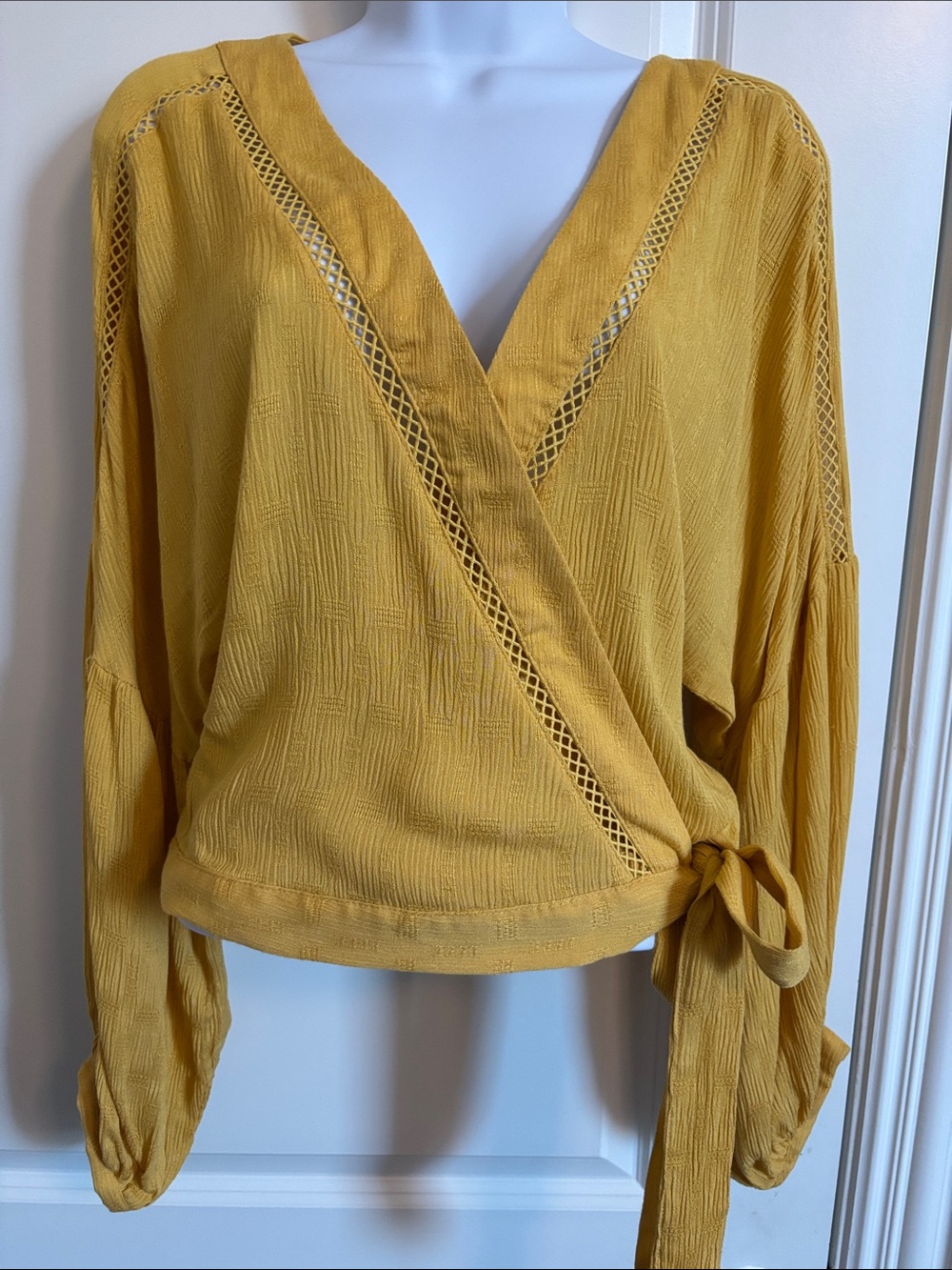 Fashion On Earth Mustard Wrap Blouse with Lace Trim M (#43T)